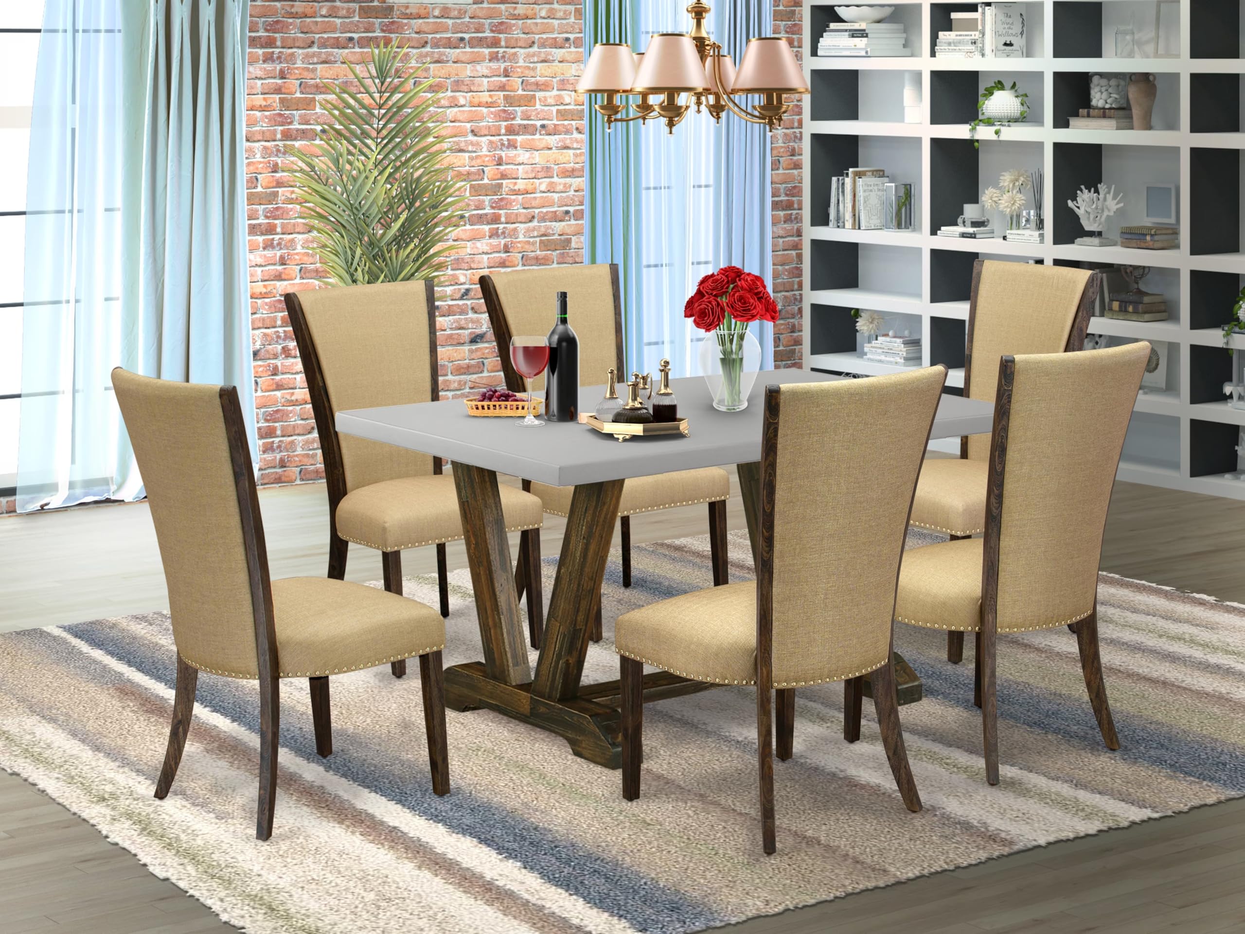 East West Furniture V796Ve703-7 7 Piece Dining Room Table Set Consist Of A Rectangle Kitchen Table With V-Legs And 6 Brown Linen Fabric Parson Dining Chairs, 36X60 Inch, Multi-Color